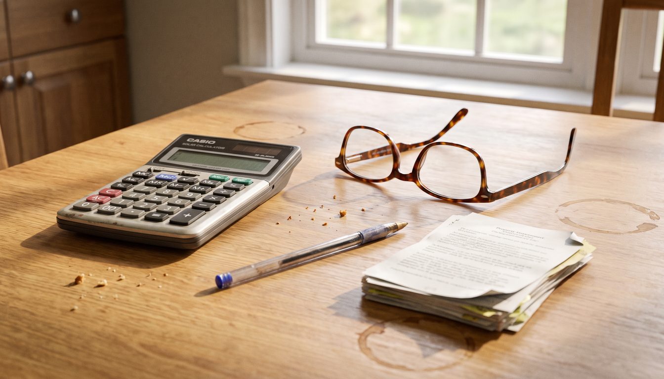 A calculator, a pen and property paperwork on a kitchen table in daylight (illustrative)