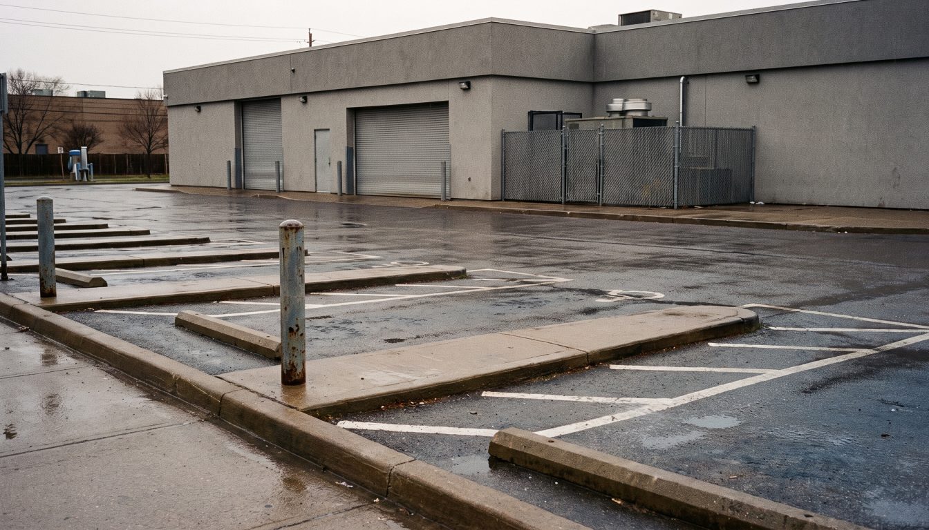 Car wash forecourt with marked queuing lane, painted lines and a wide driveway