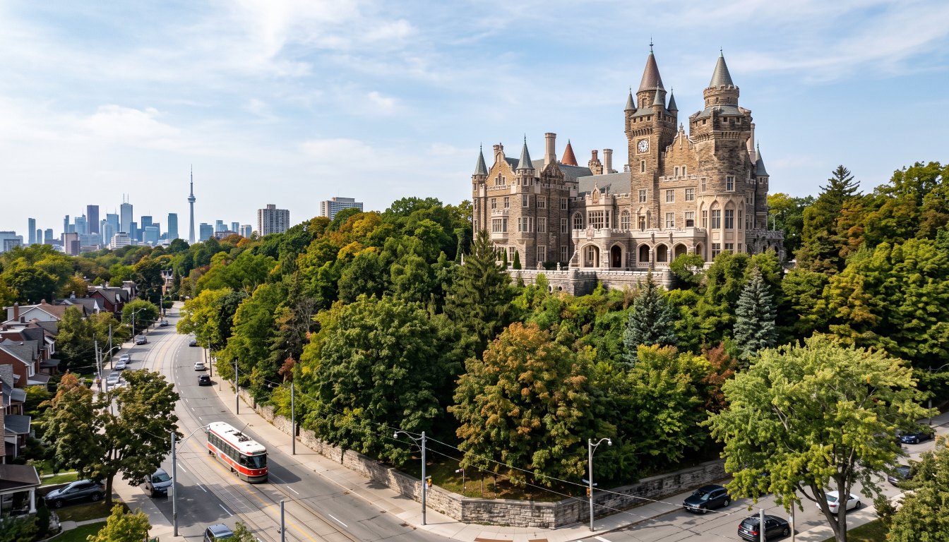 A grand stone Gothic Revival mansion with turrets on a hill above a Toronto street
