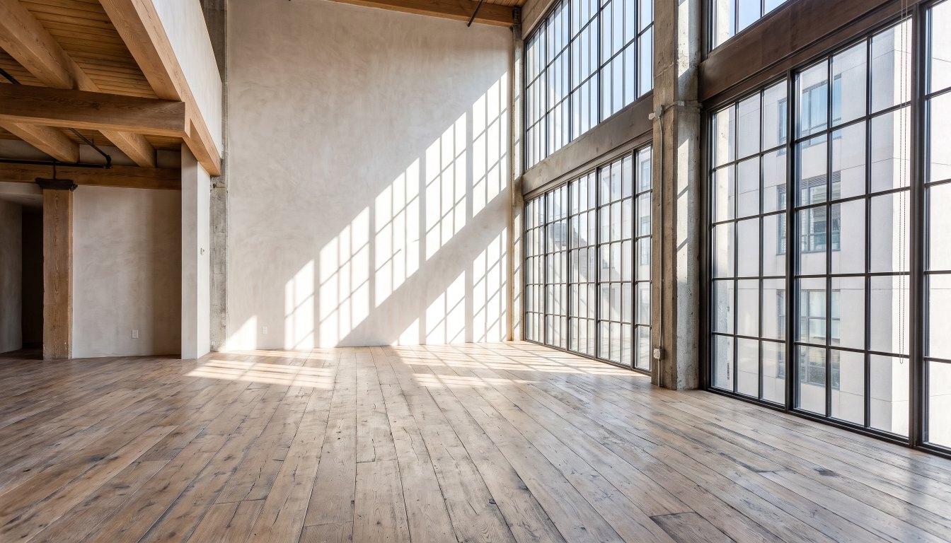 An empty luxury Toronto room with very high ceilings and tall windows in strong daylight