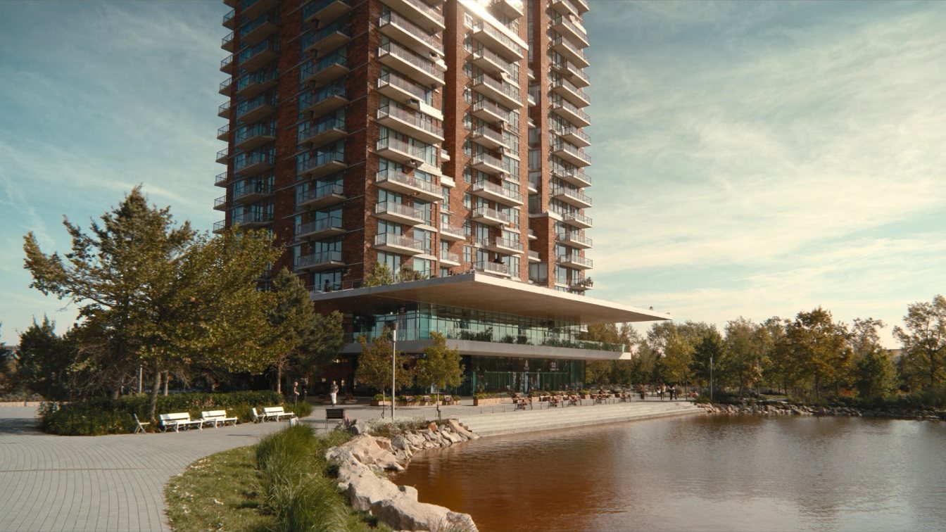 A very tall condominium tower with a red brick facade and cantilevered terrace boxes beside a park pond (illustrative)