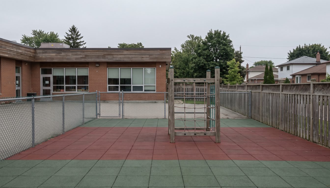 Fenced ground-level outdoor play space adjacent to a low-rise child care building in overcast light