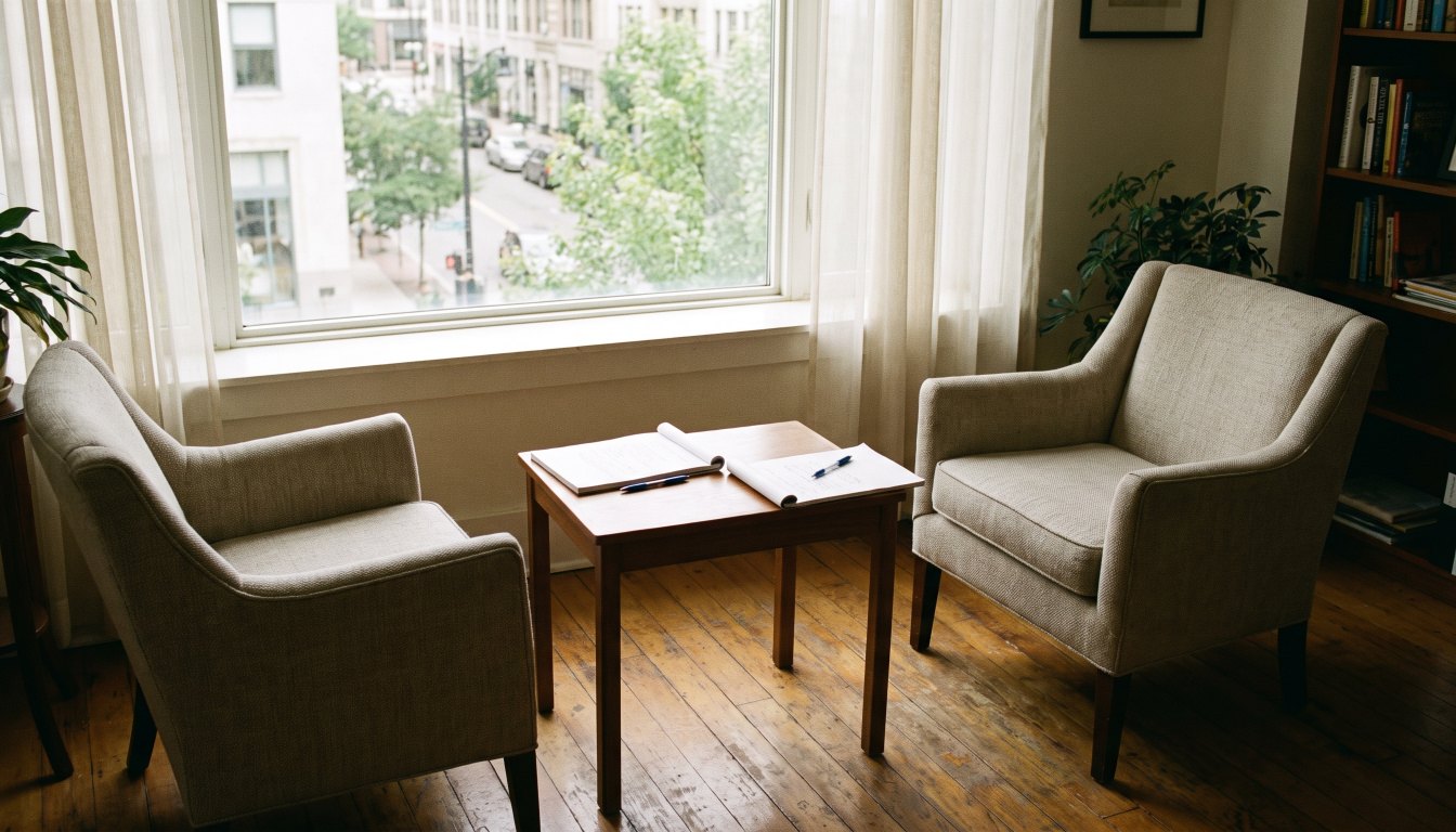 Two chairs facing each other across a small table by a window in a bright office