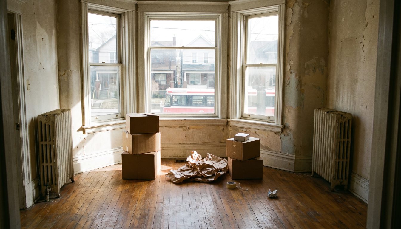 Cardboard boxes and packing paper stacked in the empty living room of an older Toronto house (illustrative)