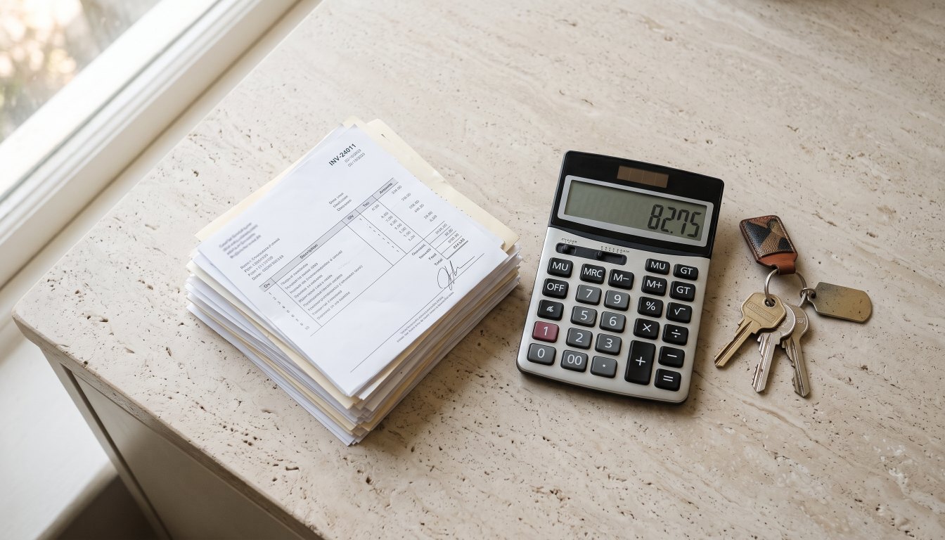 A pile of invoices and a calculator beside house keys on a pale stone counter