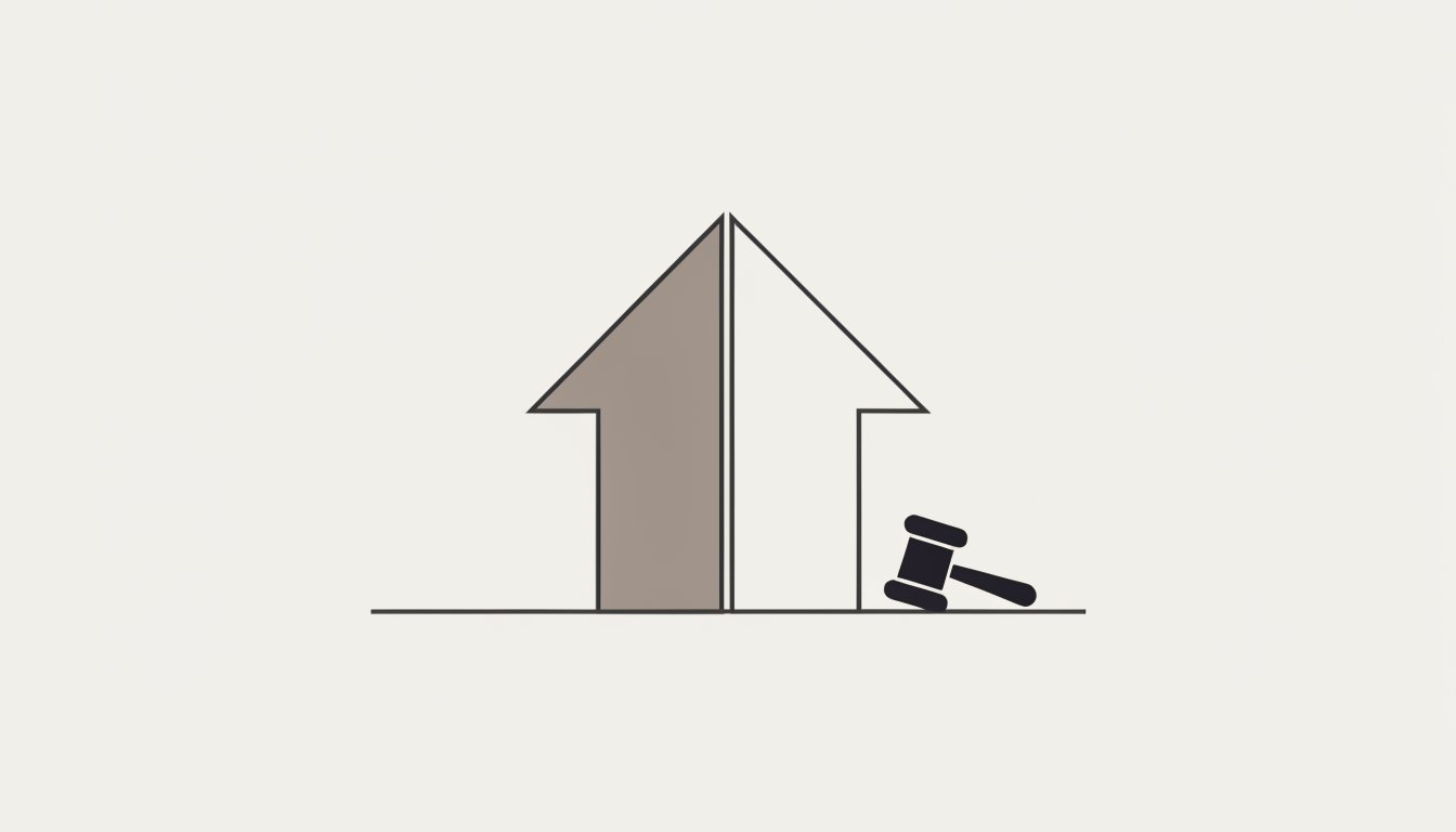 Flat vector illustration of a house bisected by a vertical dividing line with one half tinted and a small gavel resting beside it