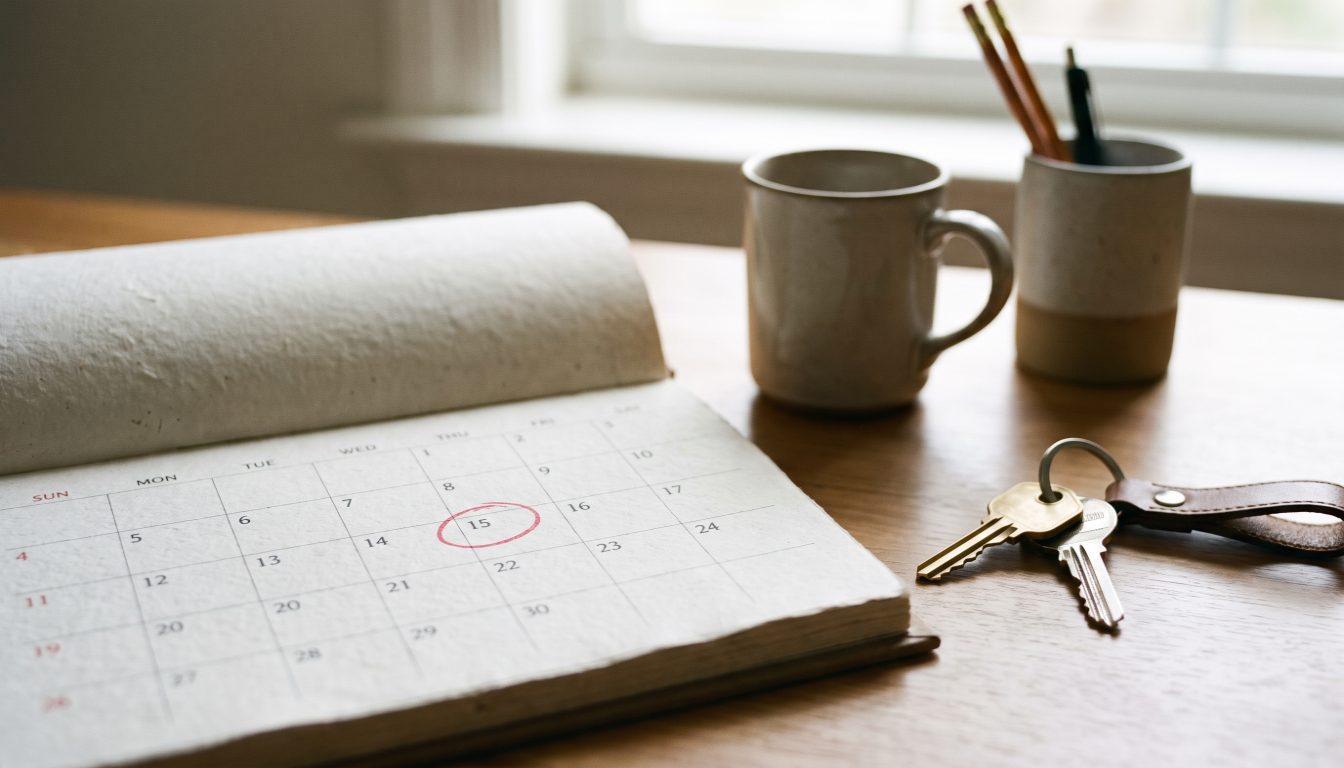 An Ontario agreement of purchase and sale open at the completion date beside a desk calendar and a solicitor's notice letter