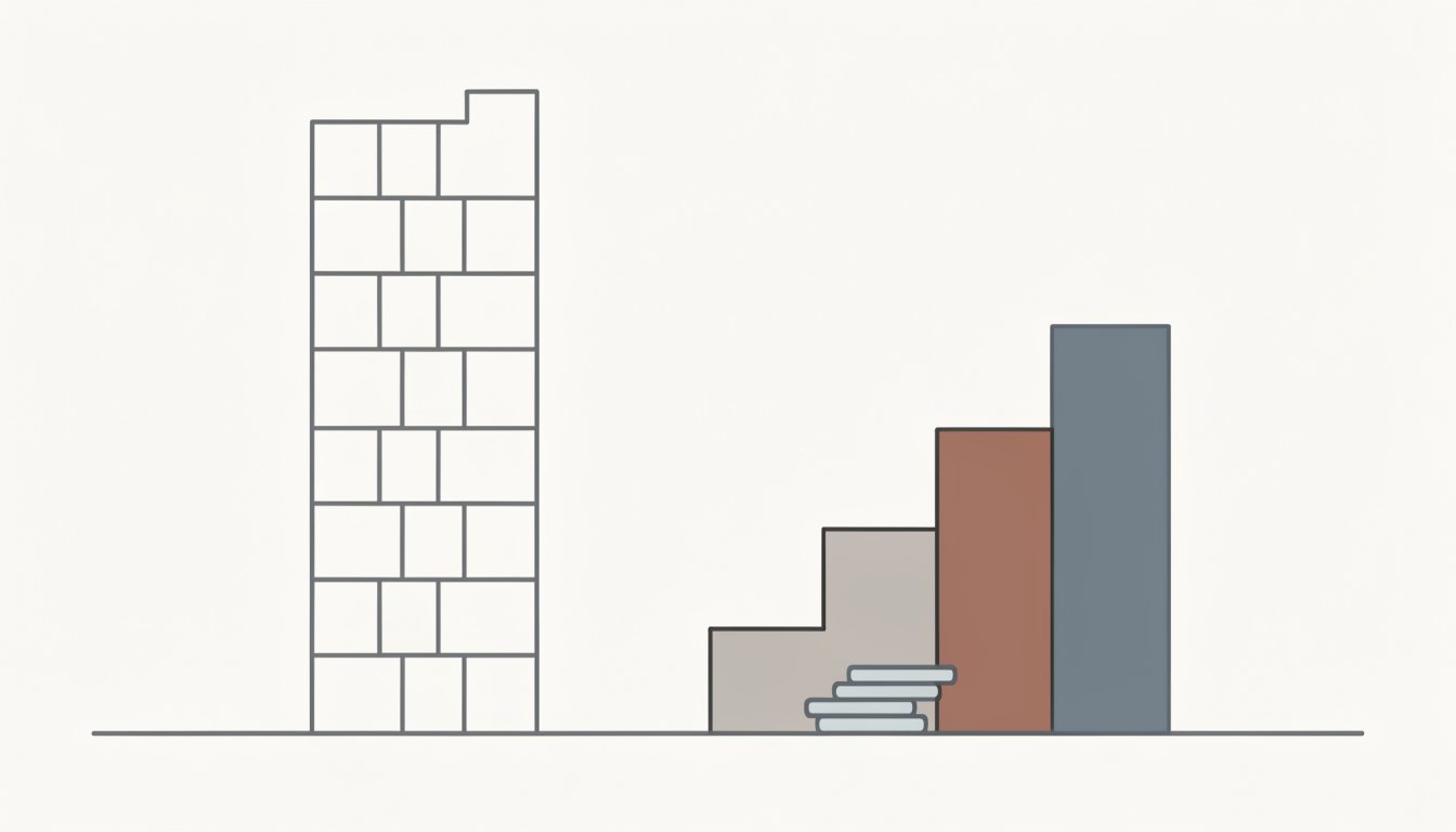 Flat vector illustration of a condominium tower beside a rising staircase of three blocks with a coin stack at the tallest step
