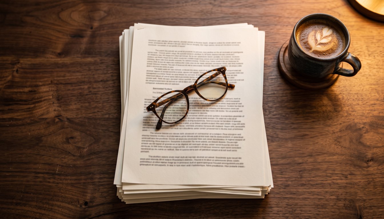 A stack of printed documents and reading glasses on a dark walnut desk under lamp light