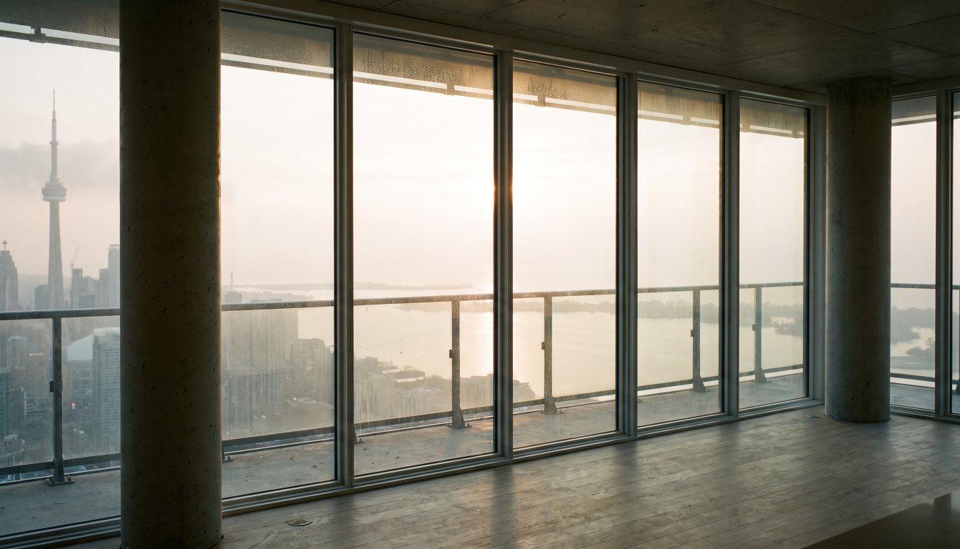 A view of Lake Ontario and the Toronto Islands from inside a high floor condominium
