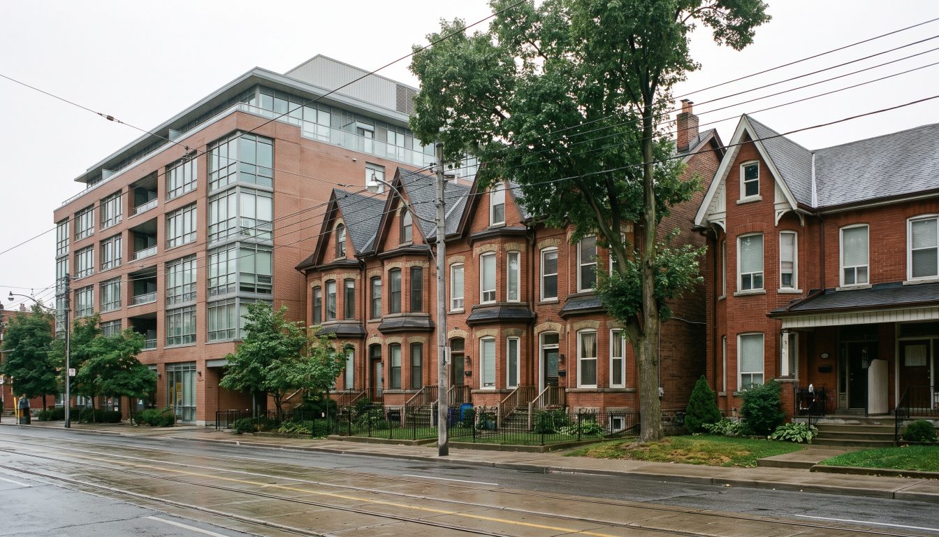 A condo mid-rise, townhouses and a semi-detached house on a Toronto street (illustrative)