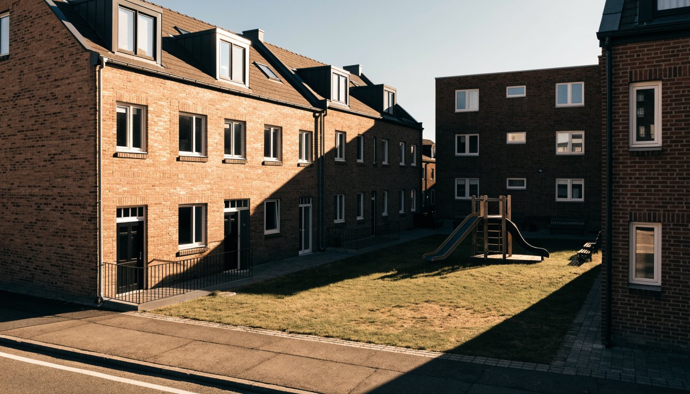Low-rise brick townhouses and a small apartment block around a shared green courtyard with a play structure