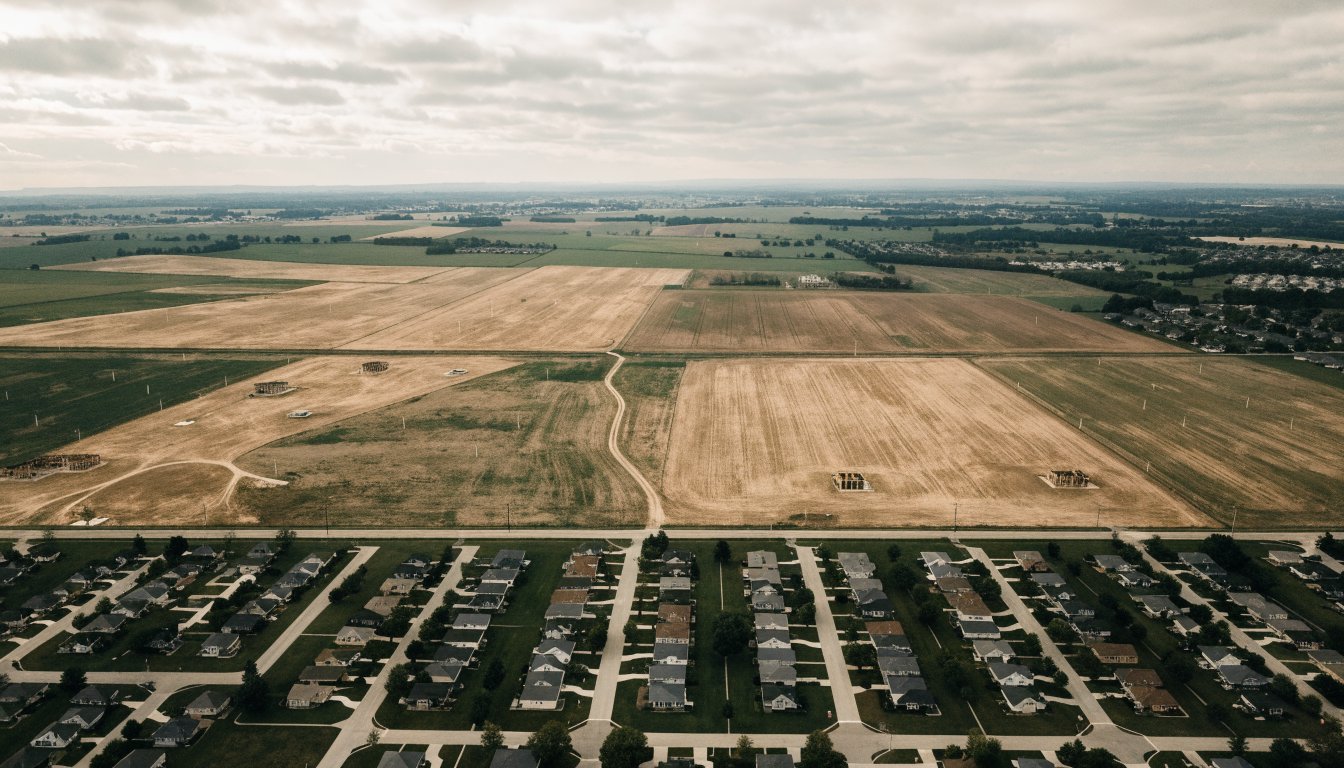 Aerial view of a rural arterial road dividing a finished suburban neighbourhood from open graded farmland with new servicing trenches, illustrating the Caledon and Brampton municipal boundary along Mayfield Road.