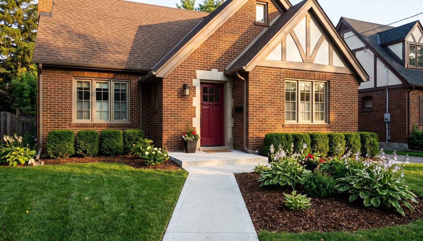 The front elevation and landscaped front yard of an Etobicoke house in late afternoon light (illustrative)