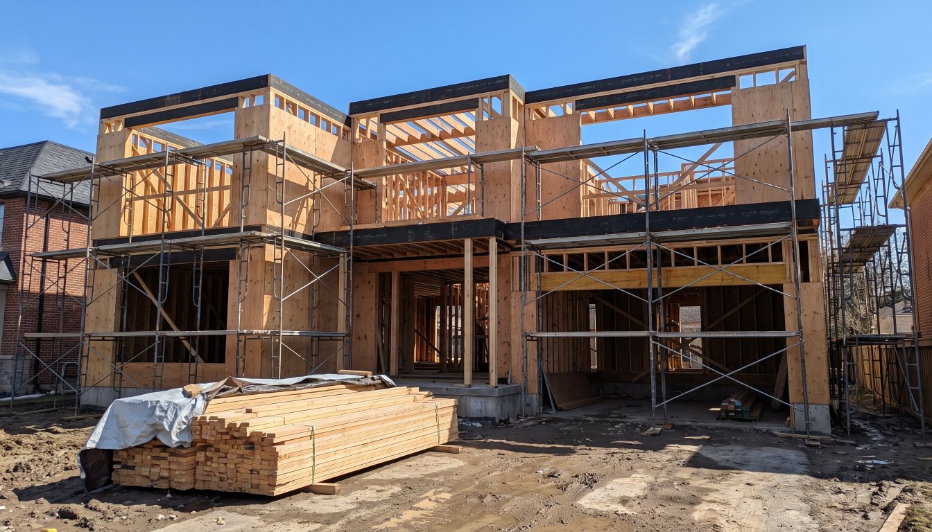 A large custom home under construction in Toronto at the framing stage