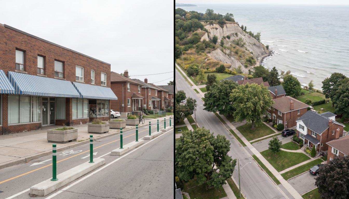 Greektown storefronts on Danforth Avenue beside detached houses on a Birch Cliff street above the Scarborough Bluffs
