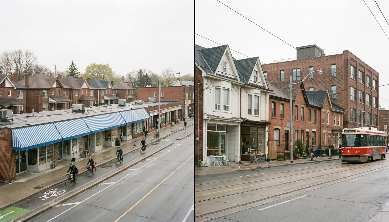 Leslieville Victorian semis near Queen Street East beside Greektown storefronts on Danforth Avenue above the Line 2 corridor