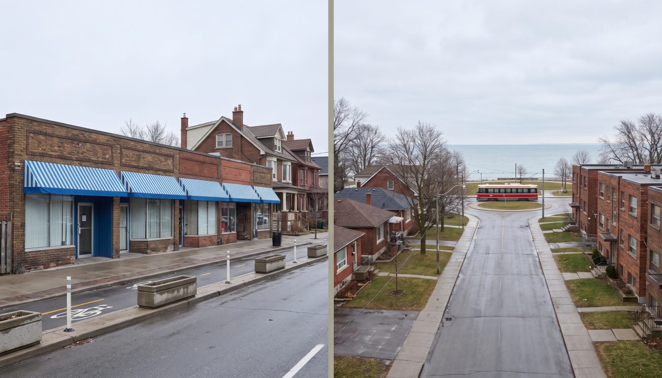 Greektown storefronts on Danforth Avenue beside low-rise Lake Shore Boulevard shops and the waterfront at Long Branch