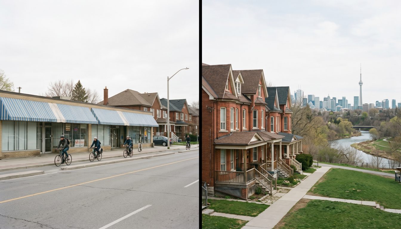 Brick semi-detached houses on a Riverdale side street below the Line 2 subway corridor running under Danforth Avenue in Greektown