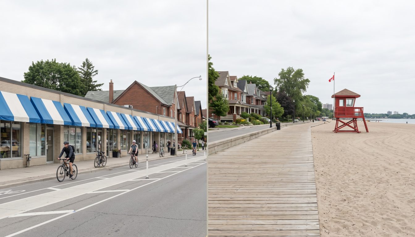 Greektown storefronts and protected bike lanes on Danforth Avenue beside the boardwalk and sand at Kew Beach in The Beaches