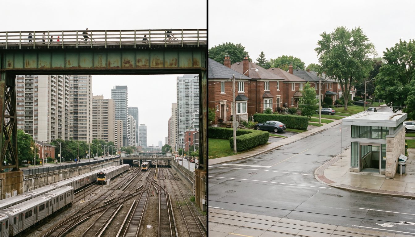 Low-rise brick houses on a Leaside street beside the high-rise apartment towers of Davisville Village in midtown Toronto