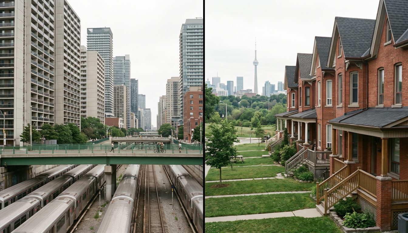 Victorian bay-and-gable semis on a Riverdale street beside the apartment towers of Davisville Village in midtown
