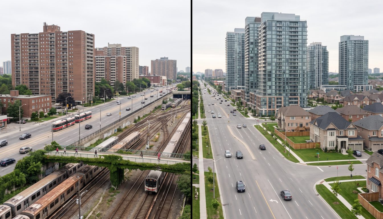 Condo towers along Yonge Street in Davisville Village compared with the taller North York Centre skyline of Willowdale