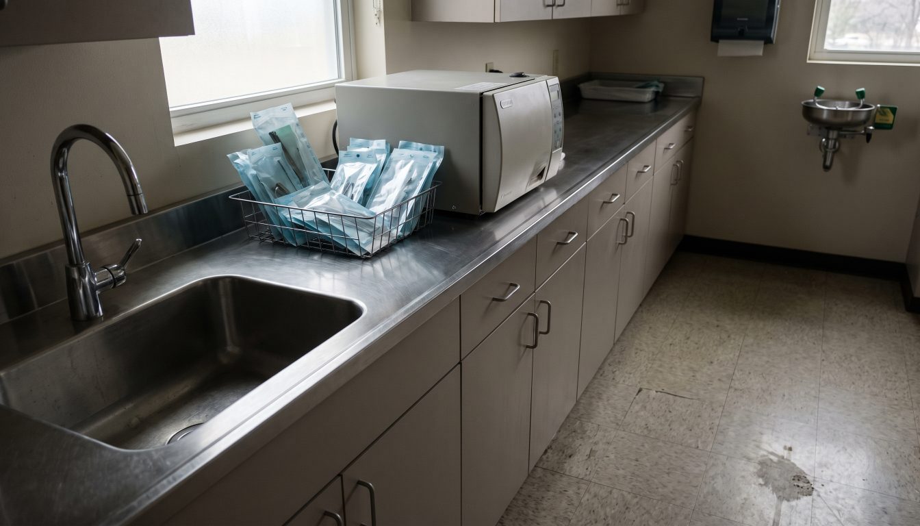 Dental sterilisation and instrument reprocessing room with stainless counters and autoclave