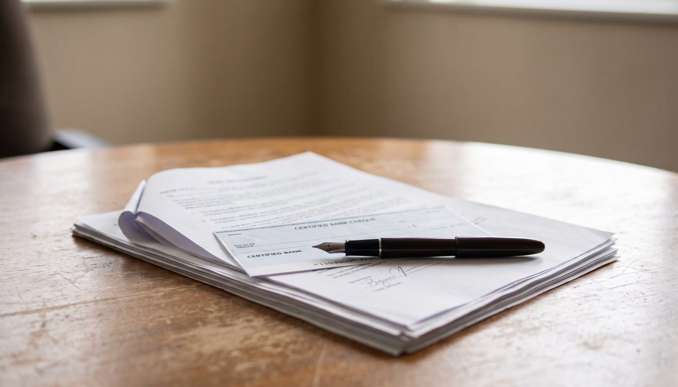 Certified cheque and bank draft resting on an Ontario agreement of purchase and sale beside a desk calendar