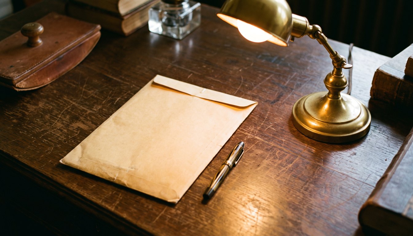 A plain envelope and a fountain pen on a lawyer&rsquo;s dark wood desk beside a brass lamp