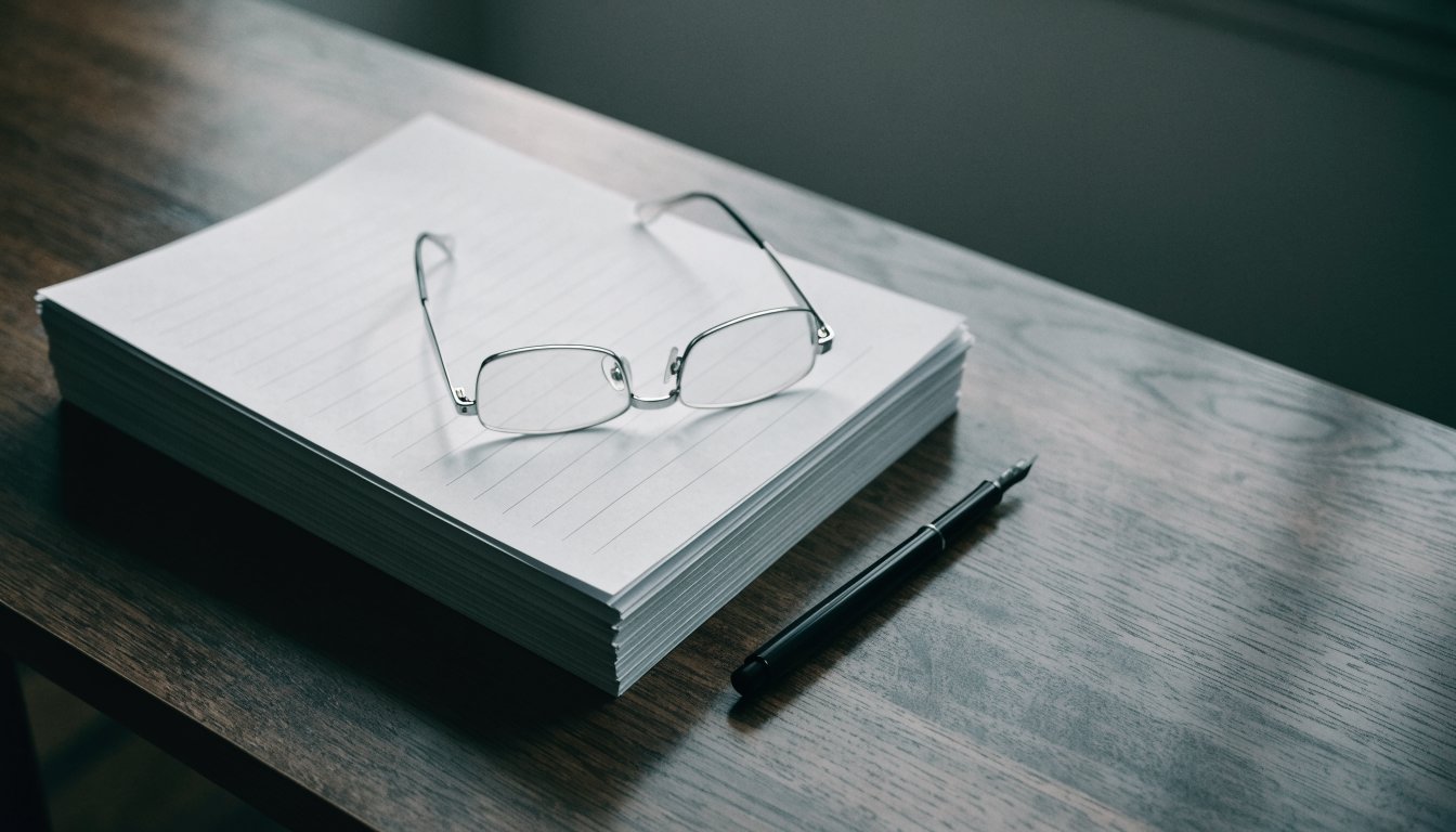 A stack of unmarked legal pages, reading glasses and a pen on a desk, illustrating Ontario designated representation agreements.