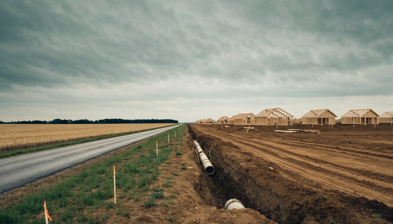 A rural two-lane road dividing farmland from new subdivision construction and servicing trenches, illustrating development charges on the Caledon and Brampton border.