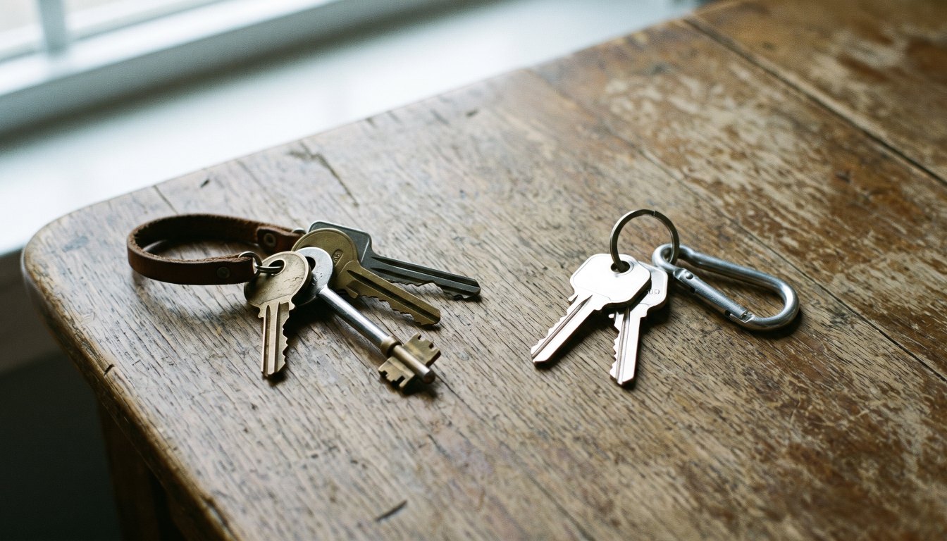 Two sets of house keys on a plain table separated by a small distance in even daylight