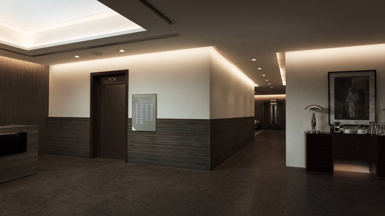 Condominium lobby with concierge desk and seating area (illustrative)