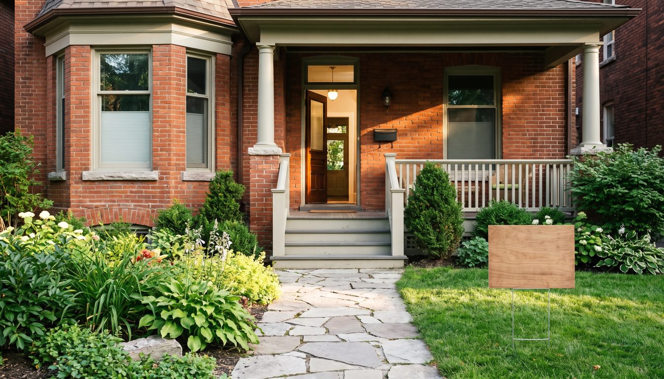 Front door of a Toronto house standing open with a small unbranded open house sign on the lawn (illustrative)