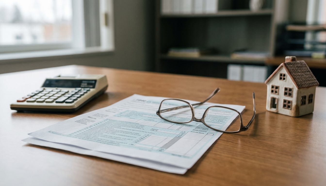 Desk with a folded tax form, calculator and small house model (illustrative)