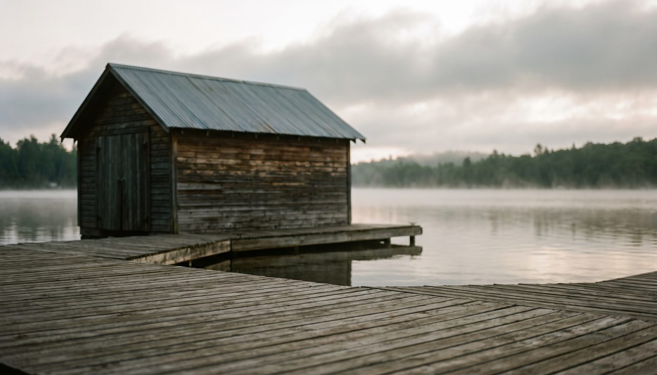 A wooden dock and small boathouse on an Ontario lake with a file folder and clipboard resting on the decking