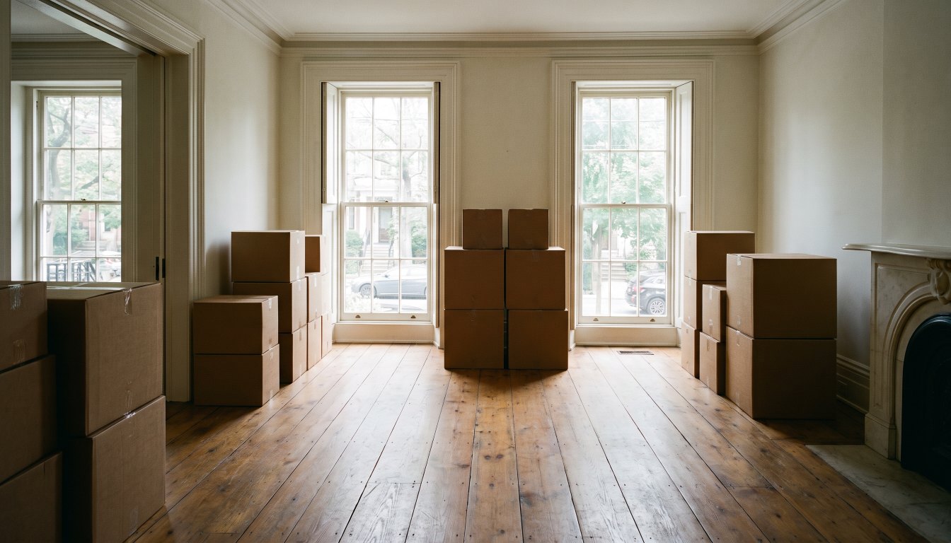 Neatly stacked packing boxes in an elegant empty room of a large Toronto house