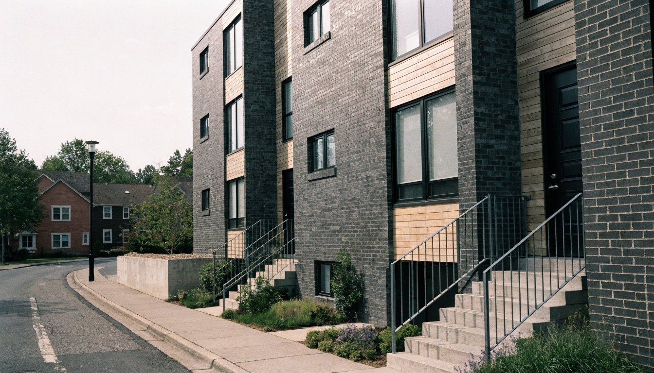 Contemporary three-storey stacked townhomes with private entries and landscaped walkways