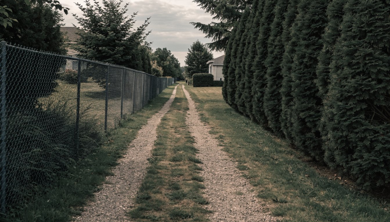 A worn right of way running between two Ontario suburban back gardens