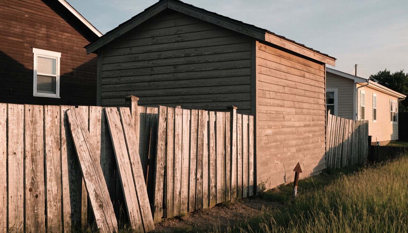 A weathered fence and garage corner sitting across a property line between two Etobicoke houses