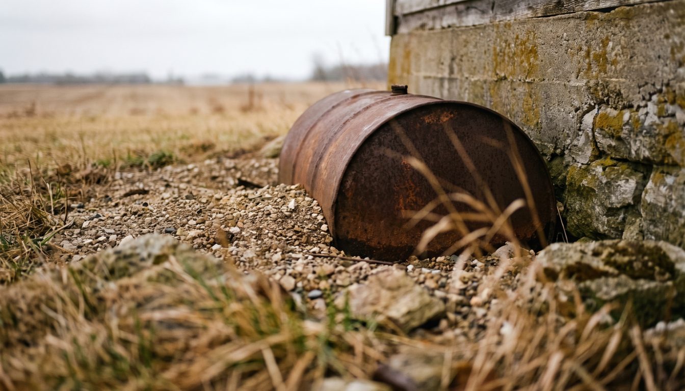 An Ontario rural property with a fuel oil tank excavation and an environmental site assessment report resting on a clipboard