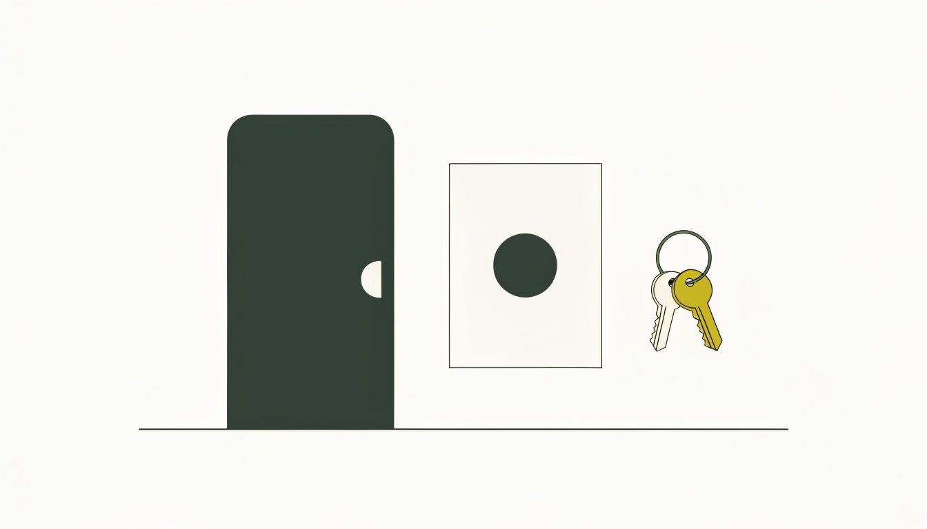 Flat vector illustration of a closed door with a lock plate beside an official sealed document and a set of keys held apart