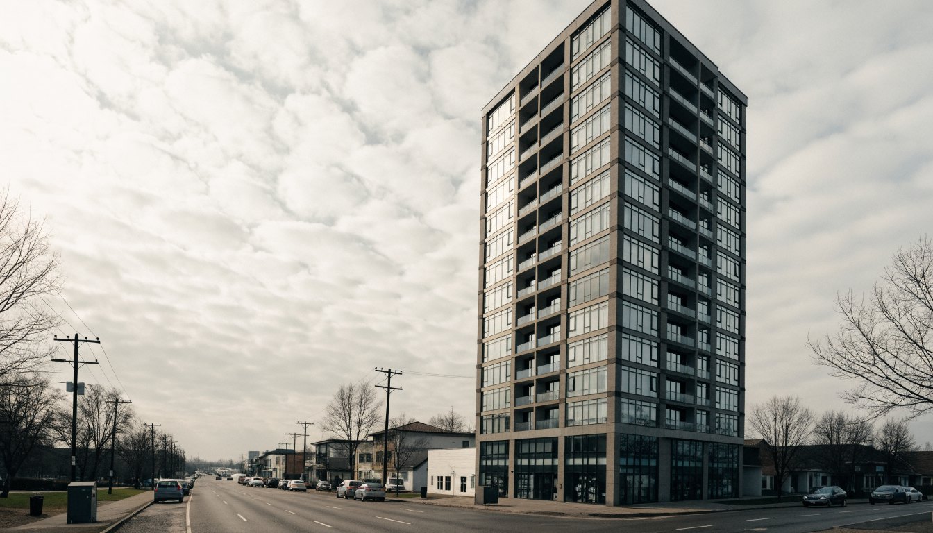 Mid-rise glass and precast condominium with ground-floor retail on a suburban Toronto arterial road