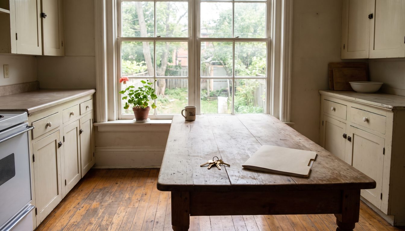 Keys and a closed file folder on a kitchen table in an empty Ontario house (illustrative)