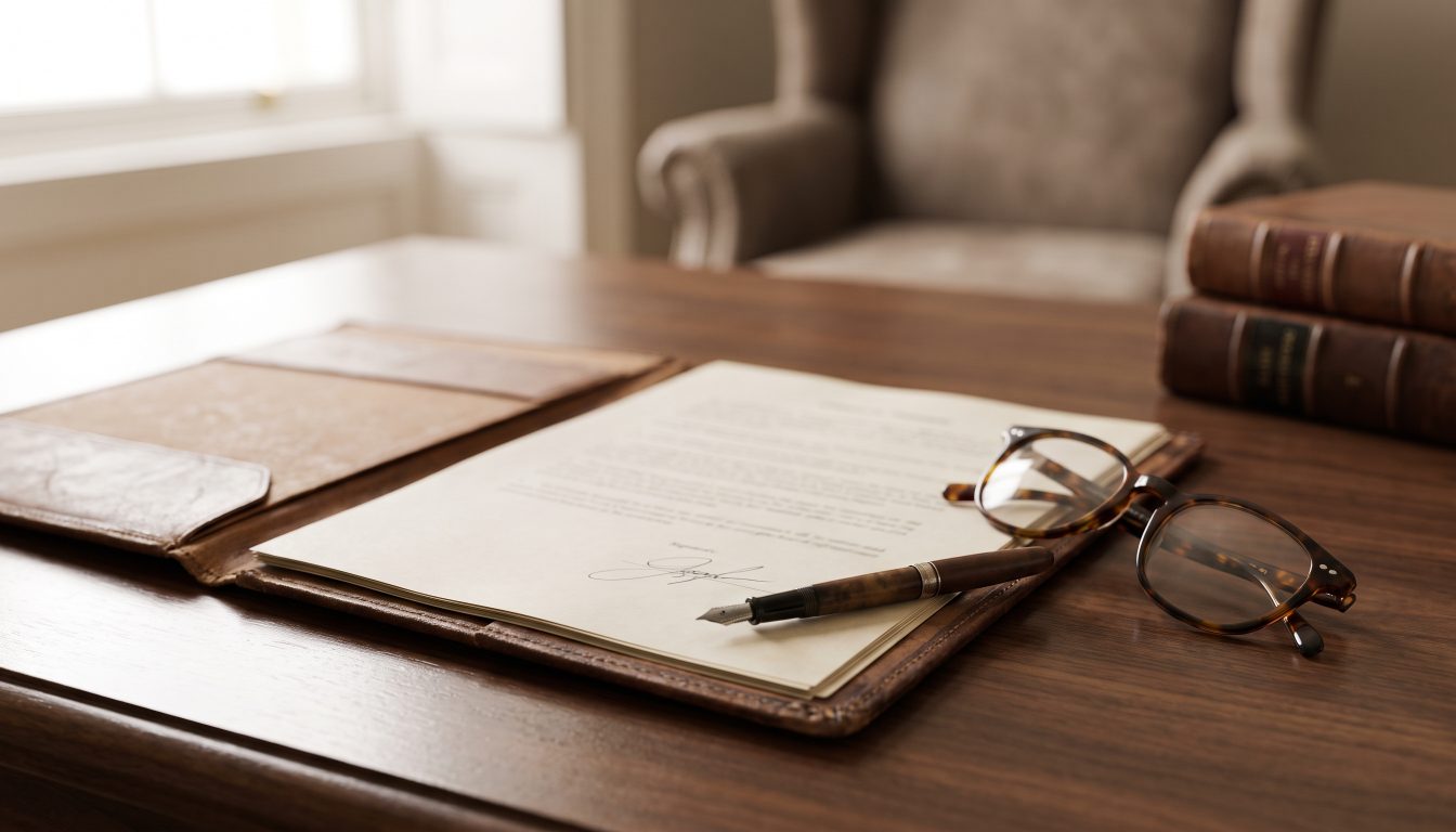 A signed Ontario representation agreement and a pen on a desk in a brokerage office (illustrative)