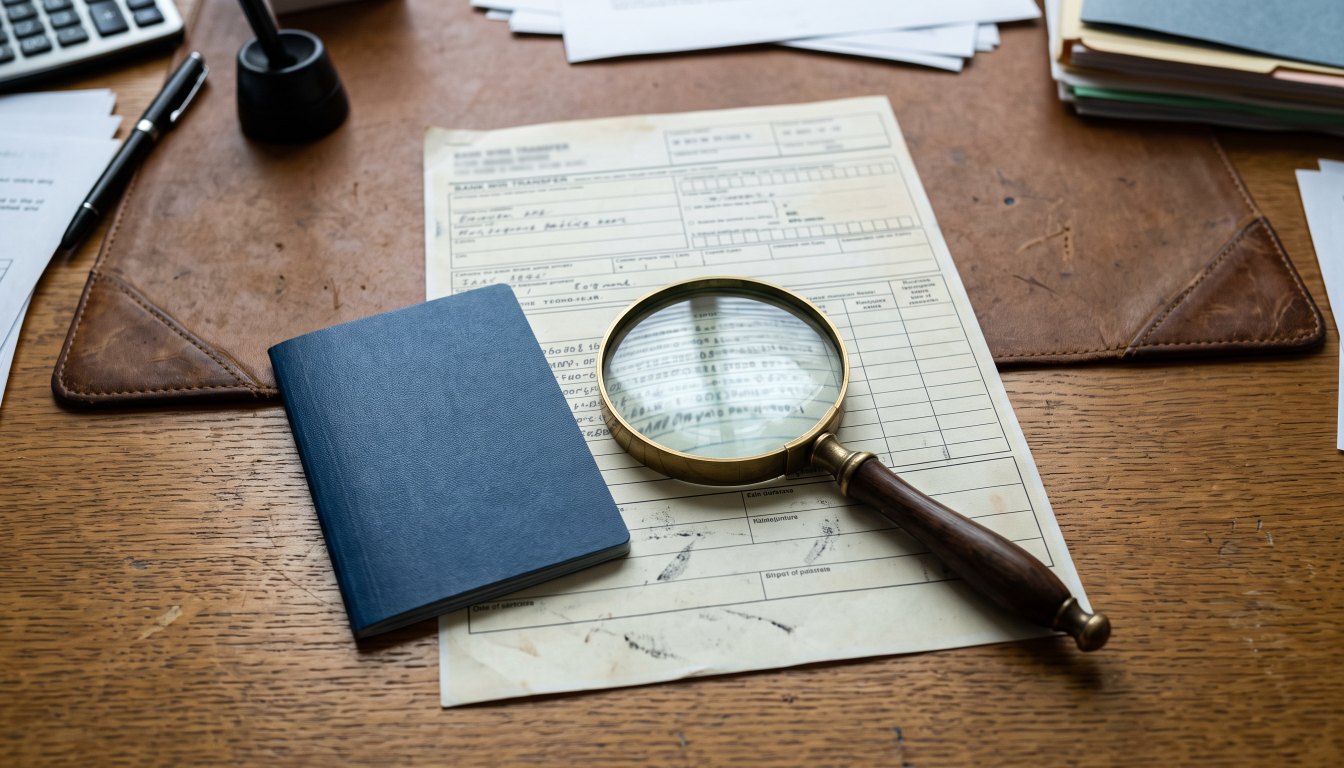A wire transfer form, identity document and magnifying glass on a desk under cool light