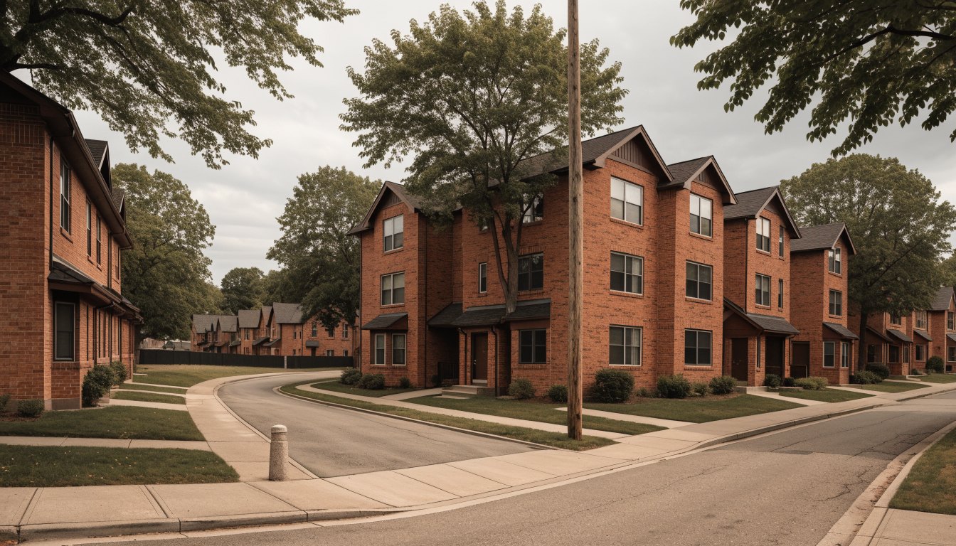 Clusters of late 1960s and early 1970s brick townhouse rows across a North Etobicoke block