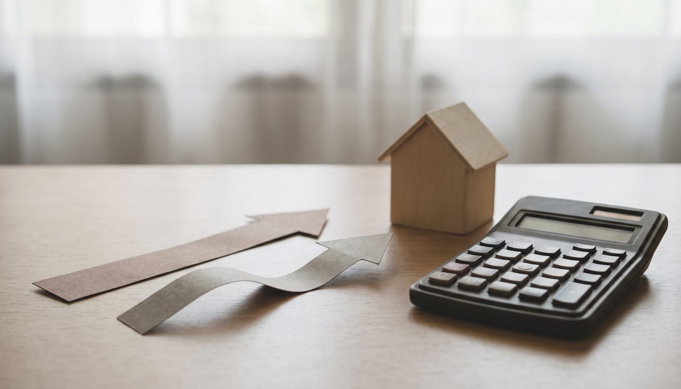 Two paper arrows, one straight and one wavy, beside a model house and calculator (illustrative)
