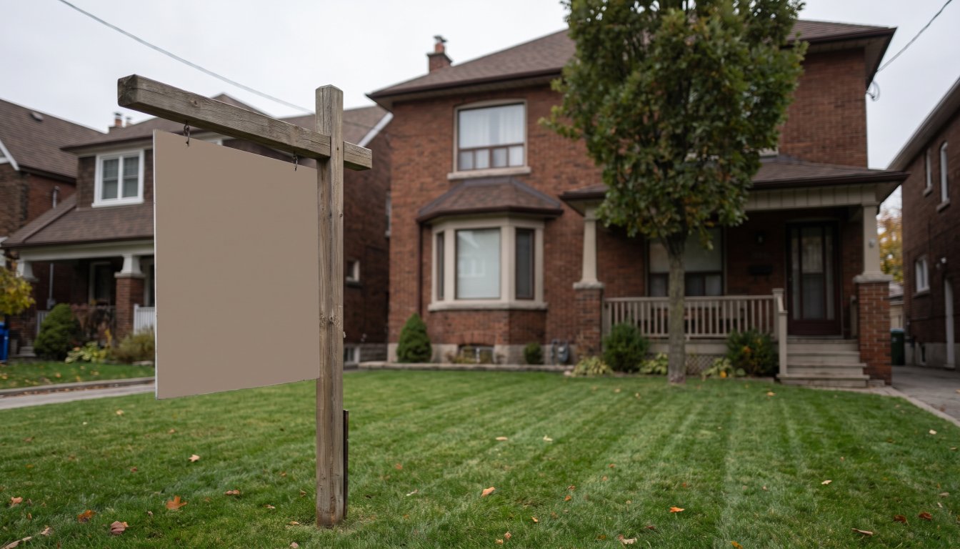 A for sale sign on a Toronto front lawn